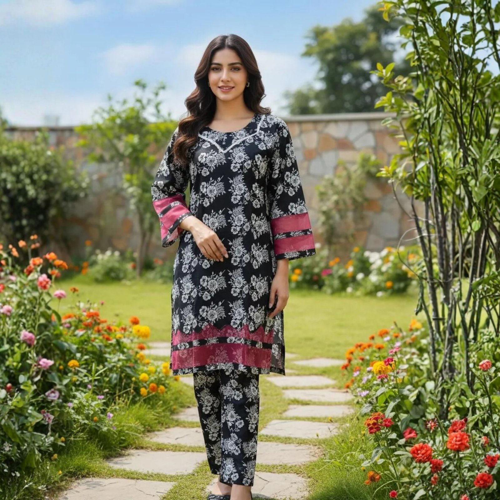 Black & Pink Floral Print Summer 2-Piece Suit with Bell Sleeves - Image 2