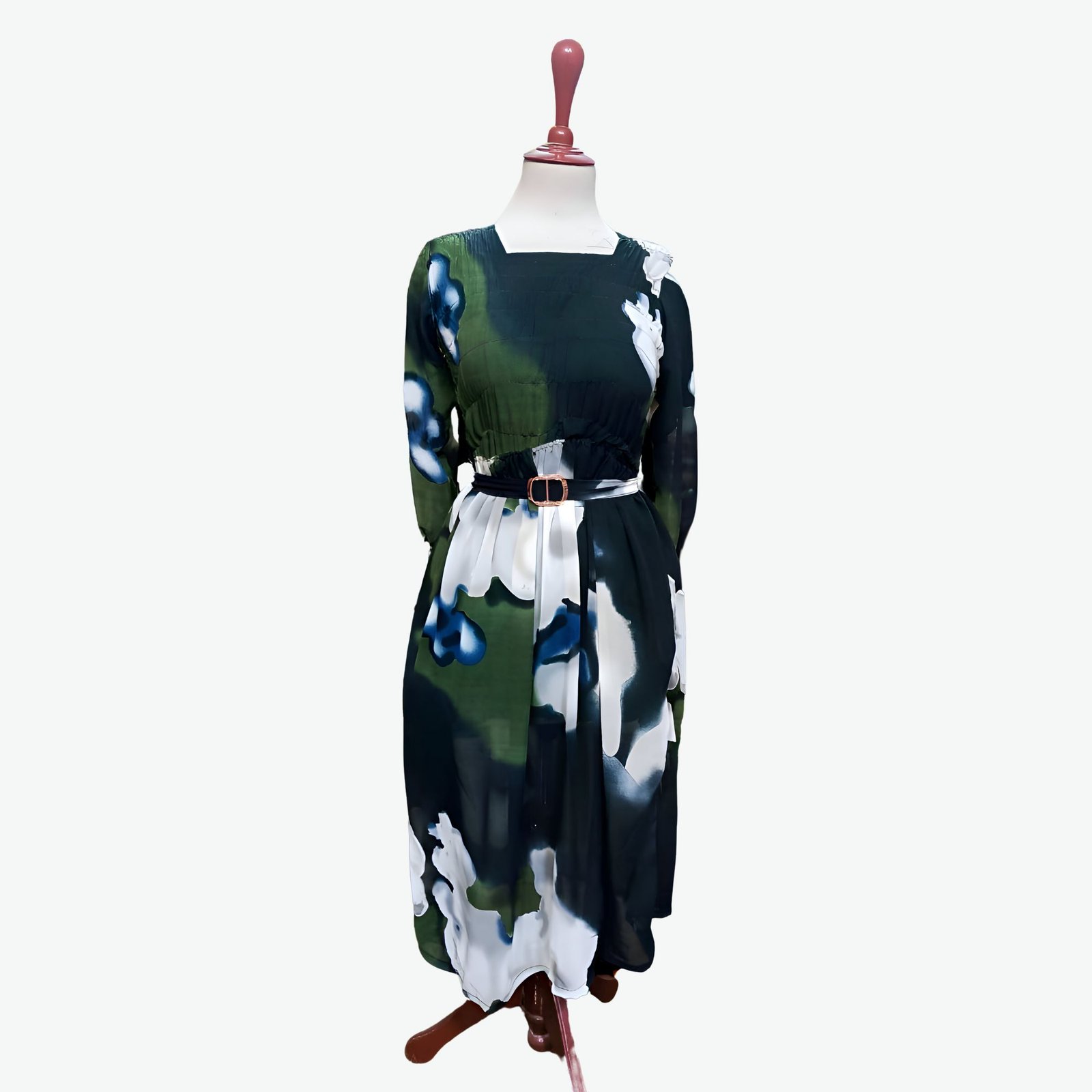 Green & White Floral Print Dress with Belt