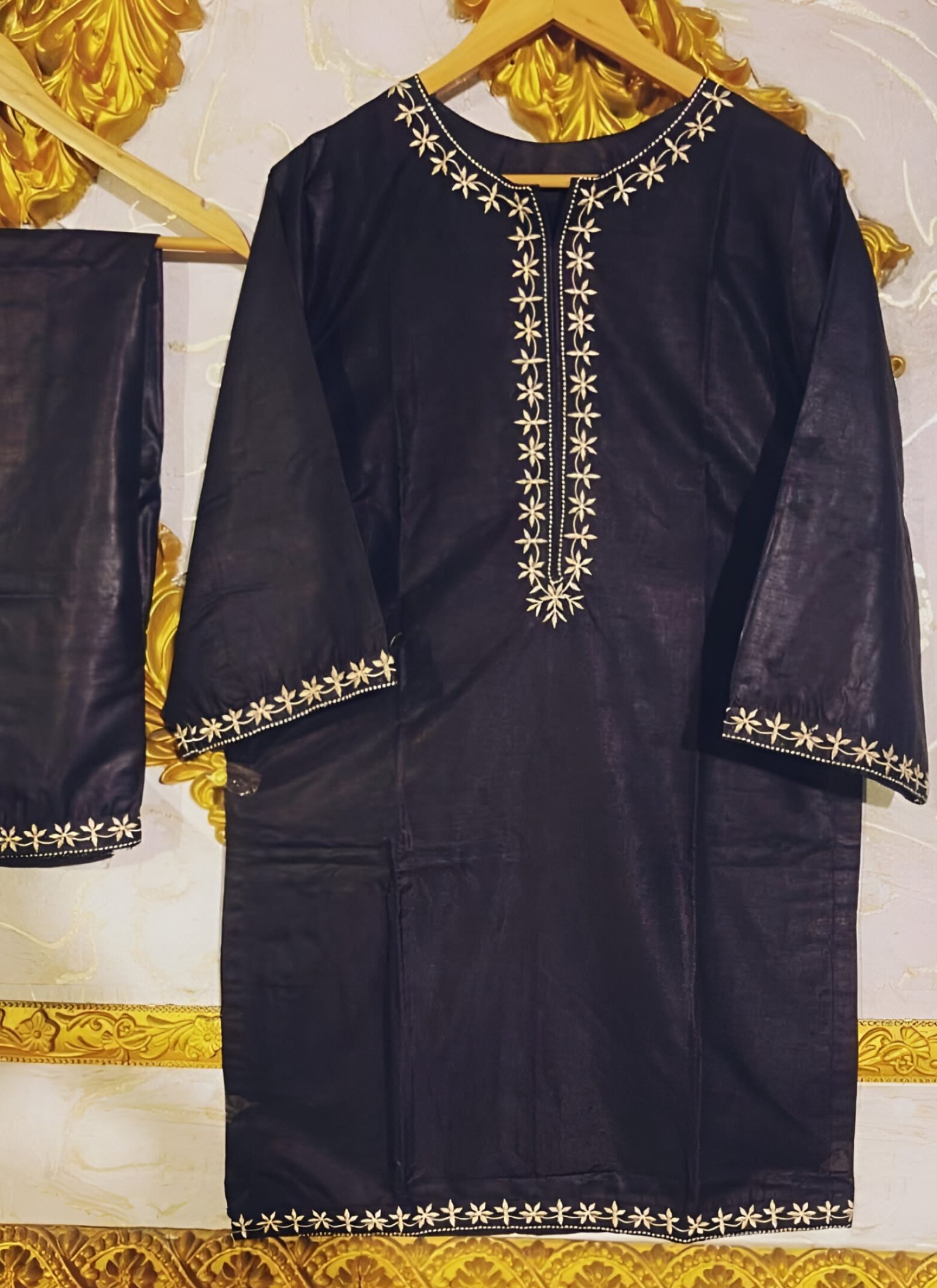 Classic Black Ready-to-Wear Suit with White Contrast Embroidery