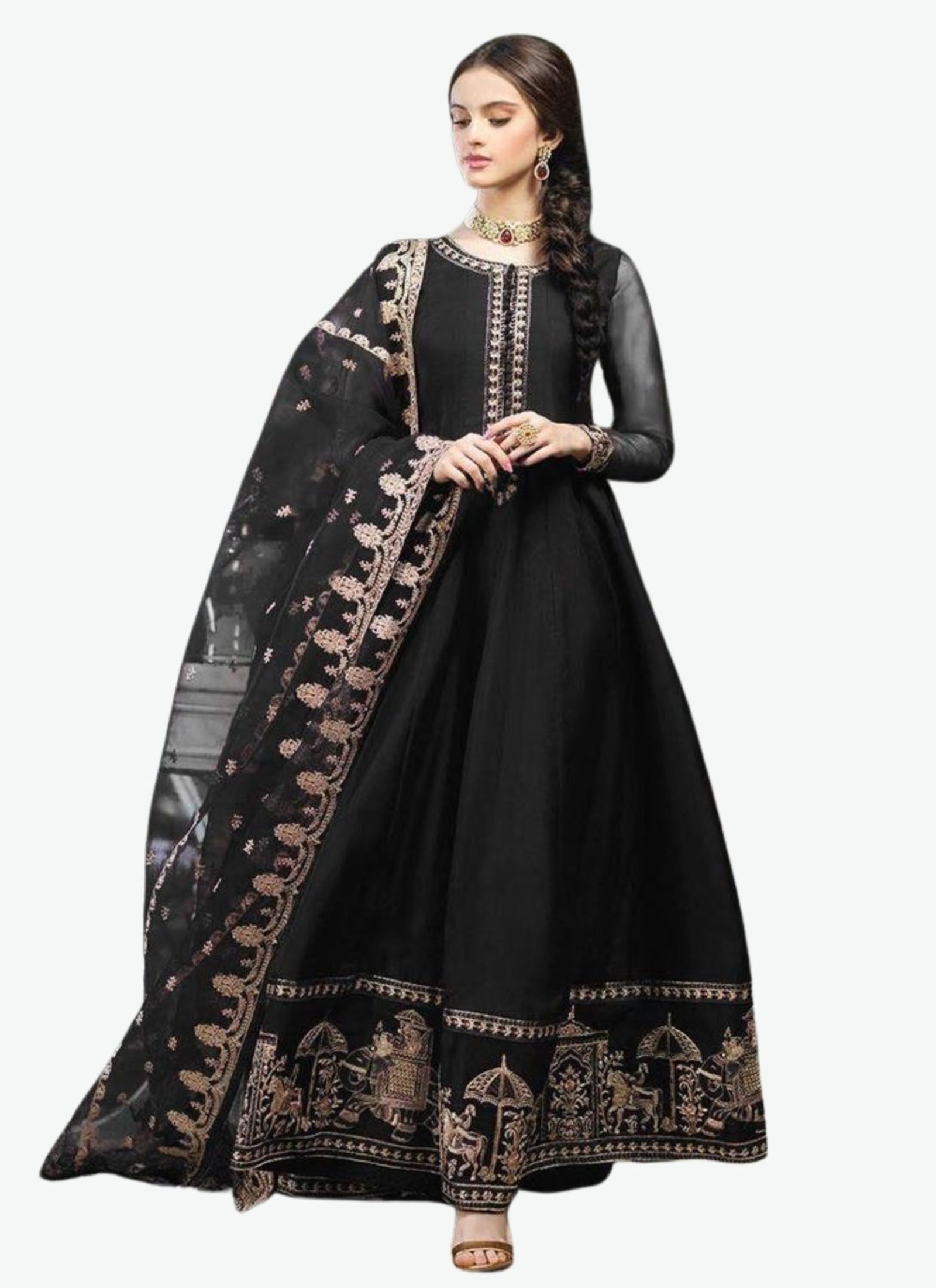 Heavily Embroidered Maxi Gown with Motif Border & Dupatta