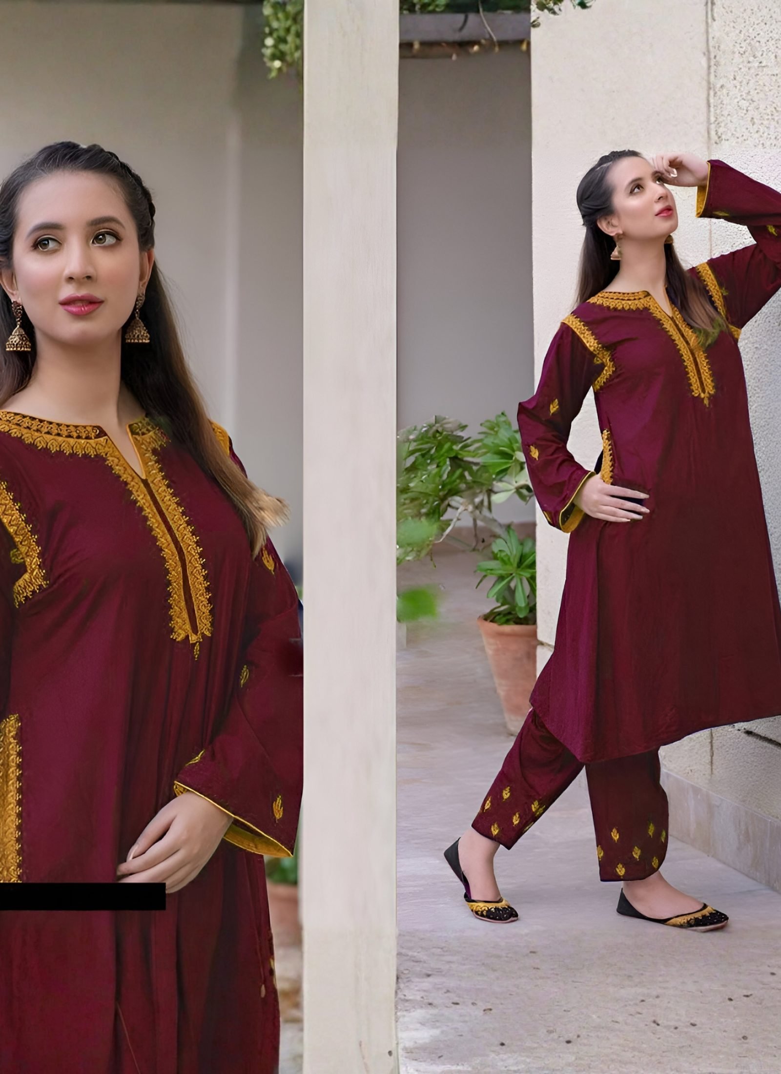 Luxurious Maroon Velvet Embroidered 2-Piece Winter Suit