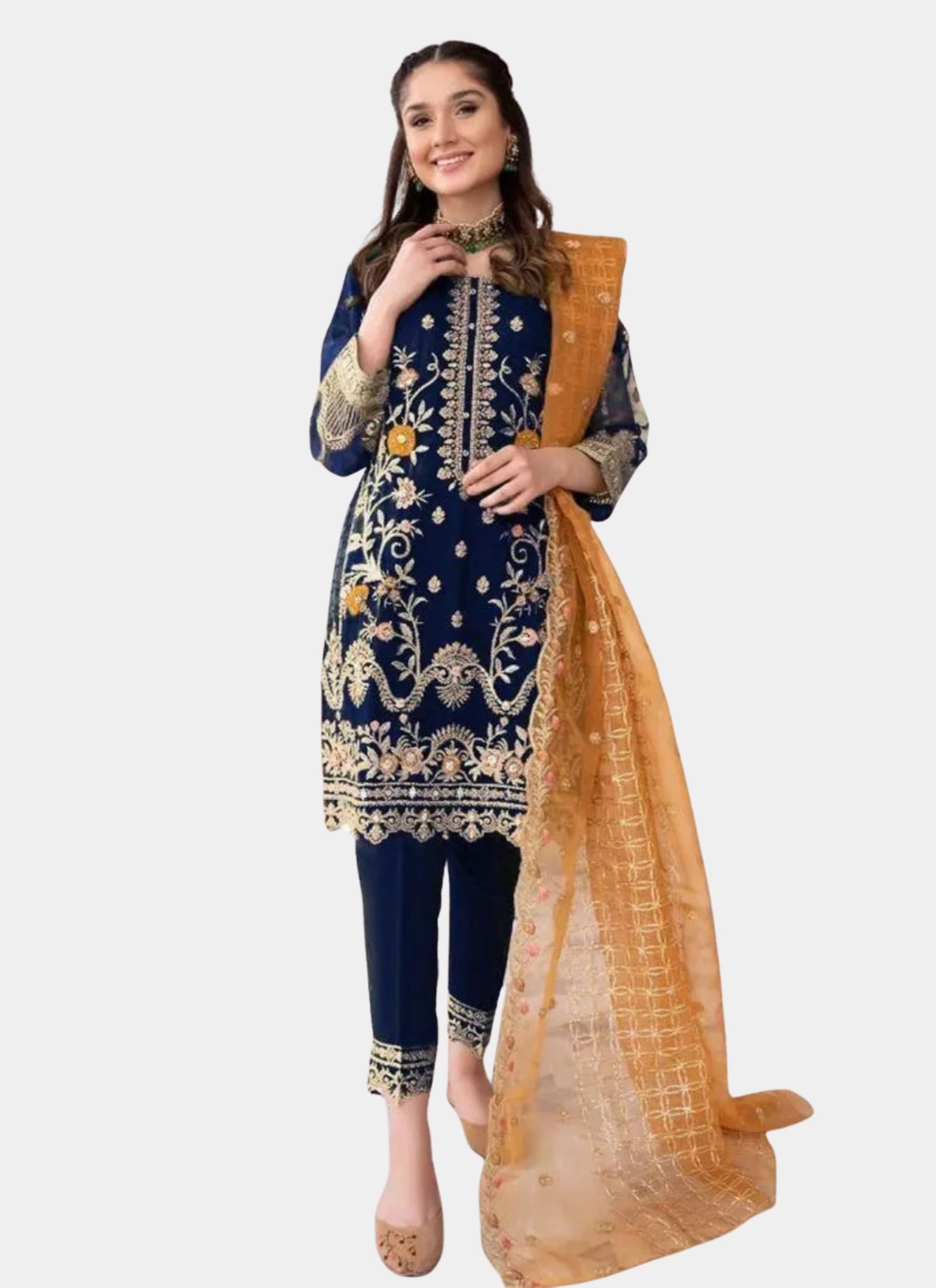 Regal Embroidered 3-Piece Formal Suit with Organza Dupatta