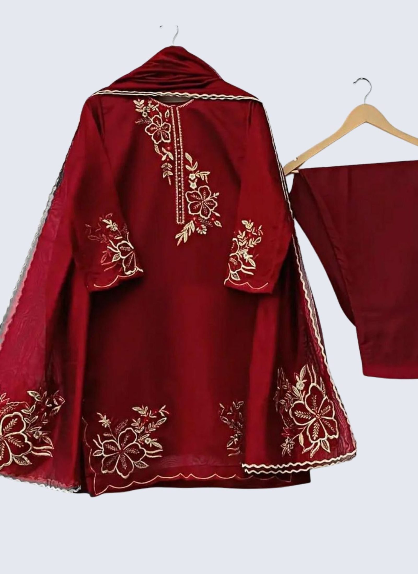 Regal Maroon Embroidered 3-Piece SilkChiffon Suit (1)