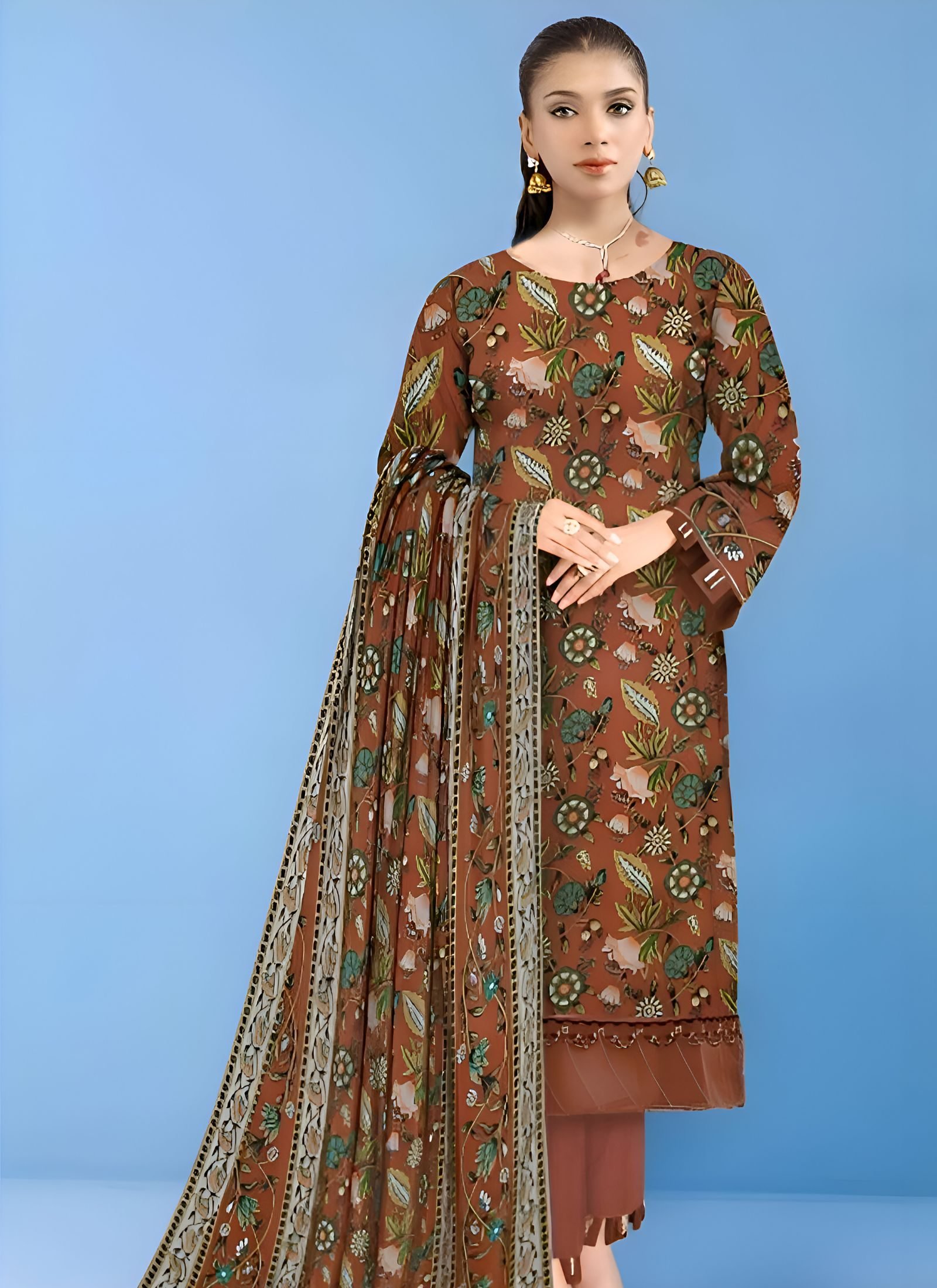Rust Brown Botanical Printed 3-Piece Khaddar Suit
