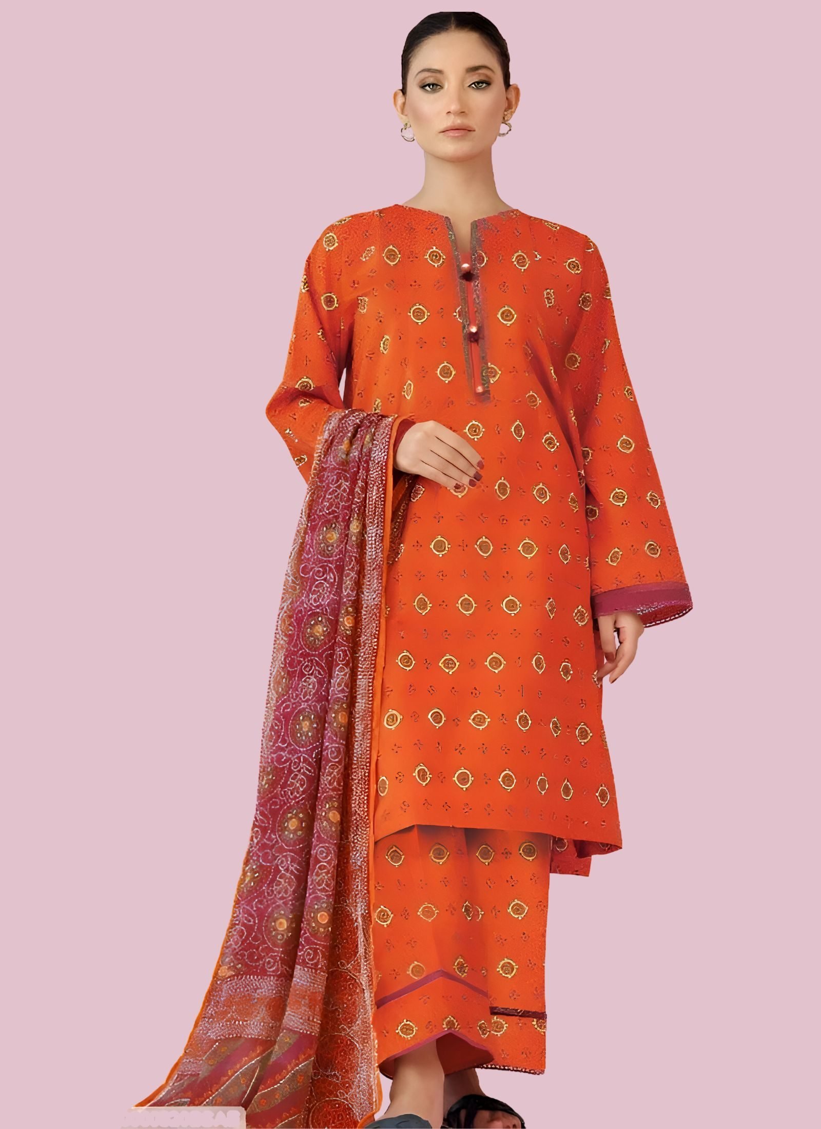 Vibrant Orange Geometric Printed 3-Piece Khaddar Suit