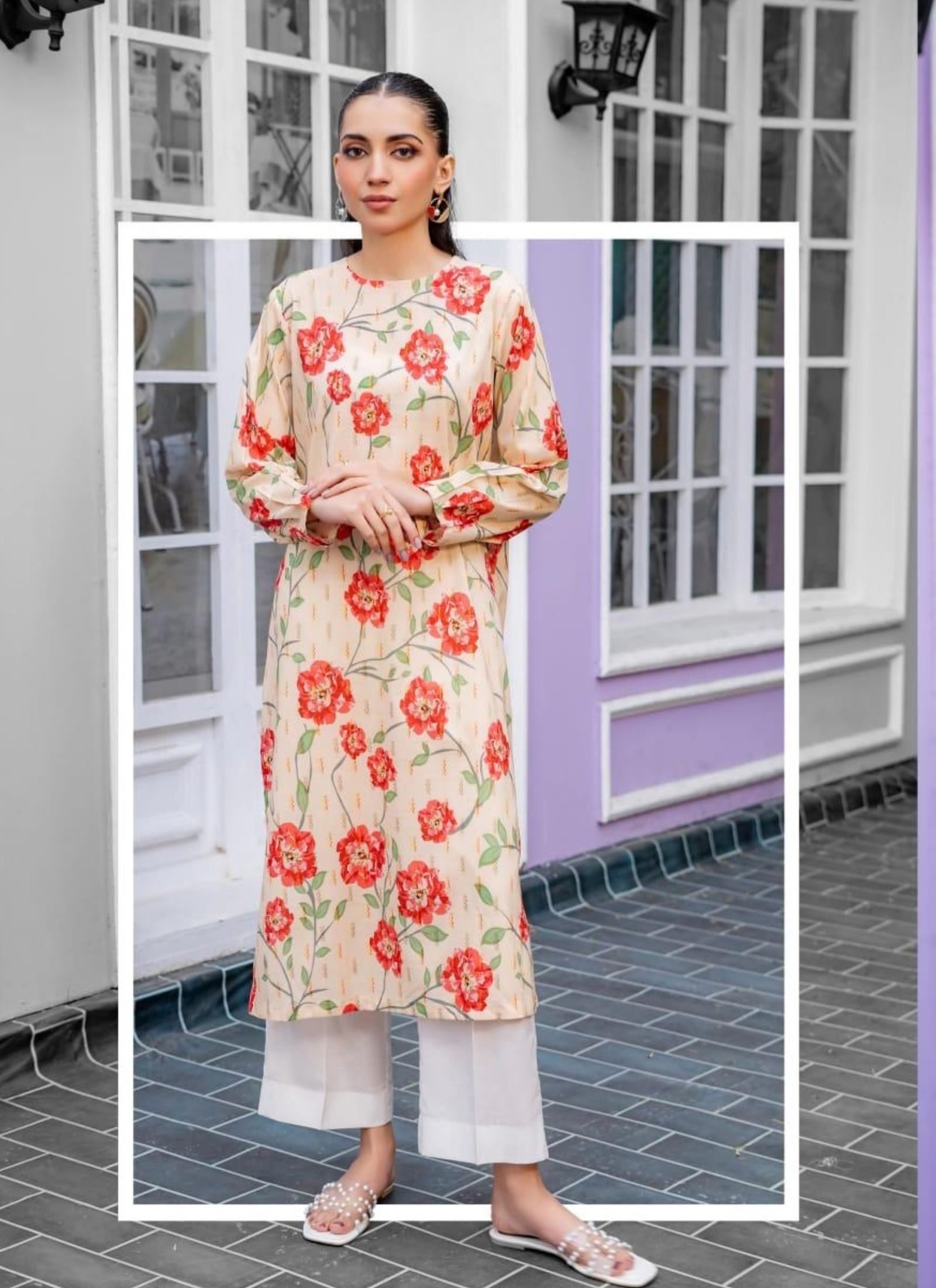 Vintage CreamBeige Kurti with Red Floral Print (1)